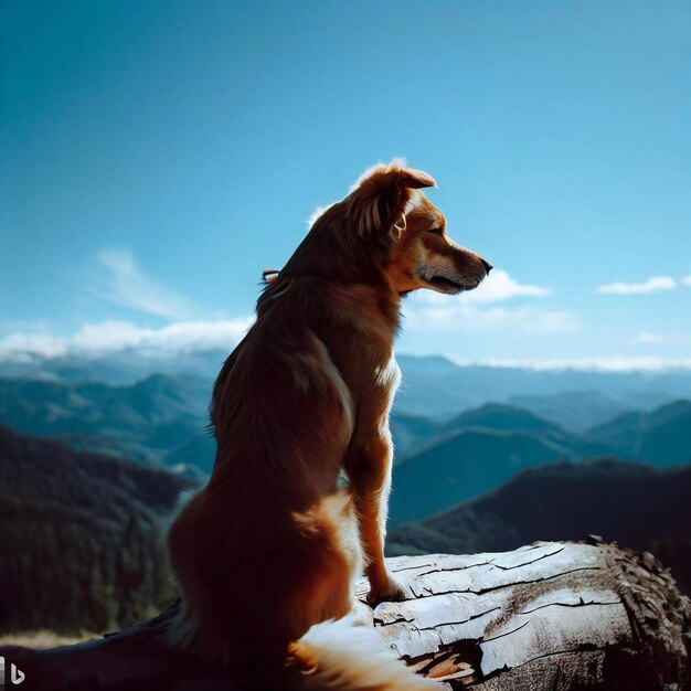 Photo a dog sits on a log with a mountain view and blue sky