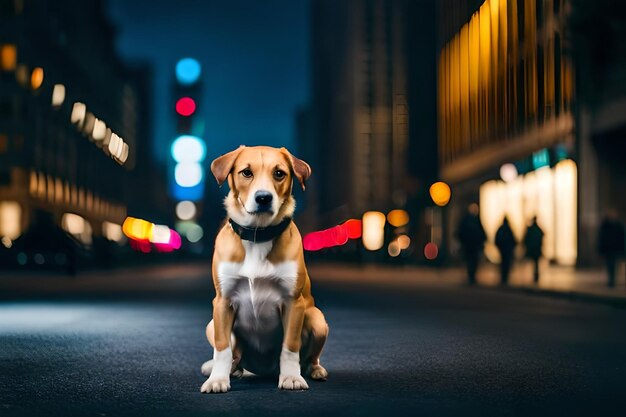 A dog sits in the middle of a street in the city