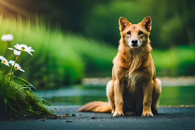 Photo a dog sits on a path with a flower in the background