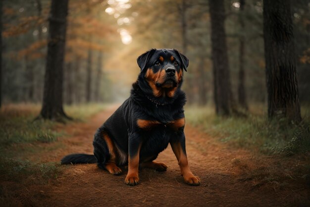 a dog sits on a path in the woods