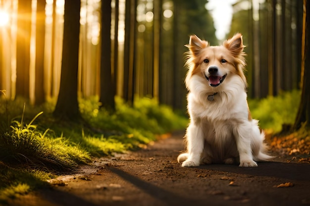 森の中の小道に座っている犬