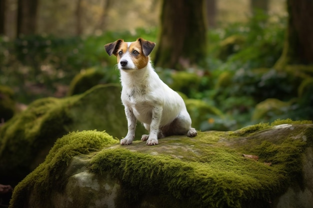 Photo a dog sits on a rock in the woods