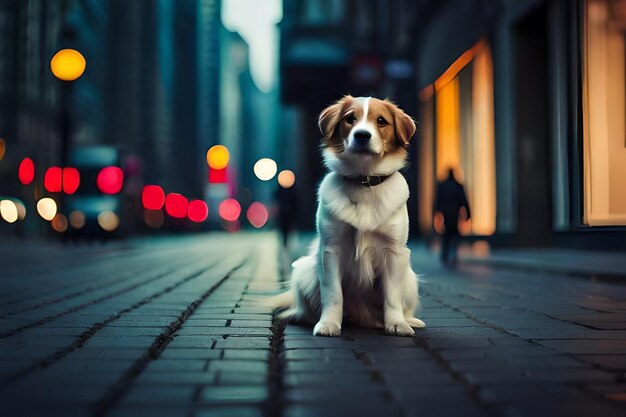 a dog sits on a sidewalk in the city.