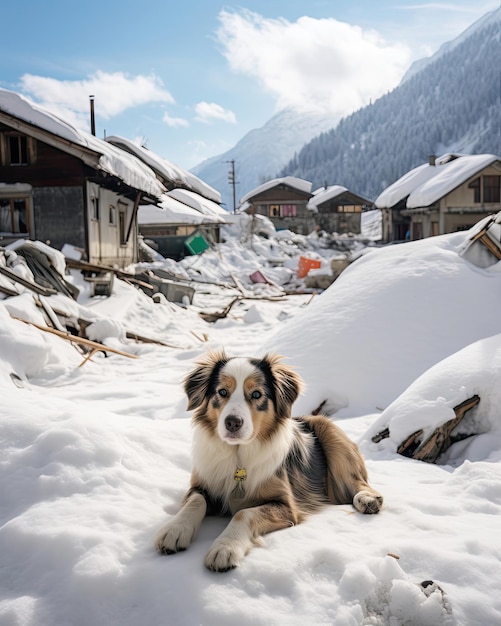 犬が家の前の雪の中に座っています。