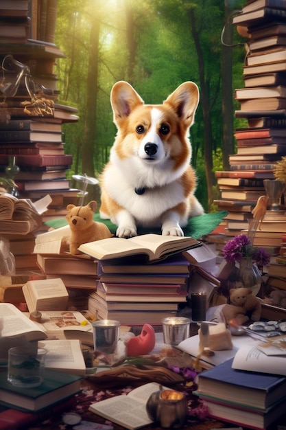 A dog sits on a stack of books with a book titled corgi.