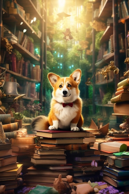 A dog sits on a stack of books with a red bow tie.