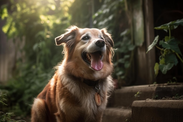 A dog sits on a staircase in the woods.