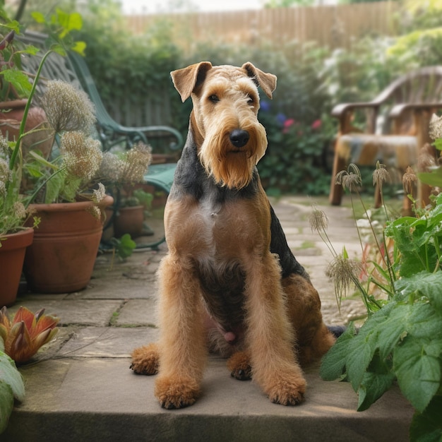 鉢や植物の前にある石造りのパティオに犬が座っています。