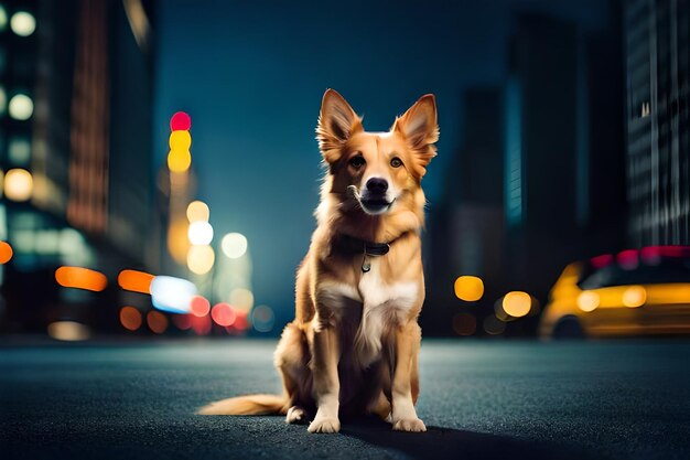 A dog sits on the street in the city.