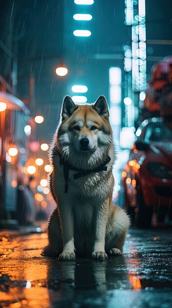 Photo a dog sits on the street in the rain