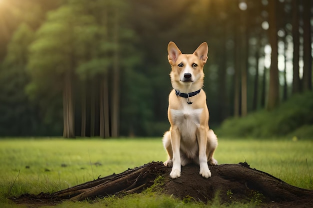 森の切り株に犬が座っています。