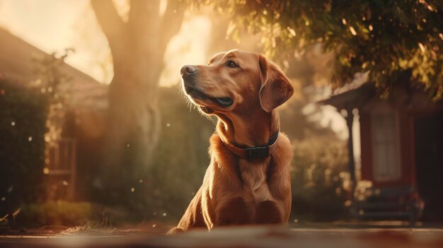 a dog sits in the sun in the forest