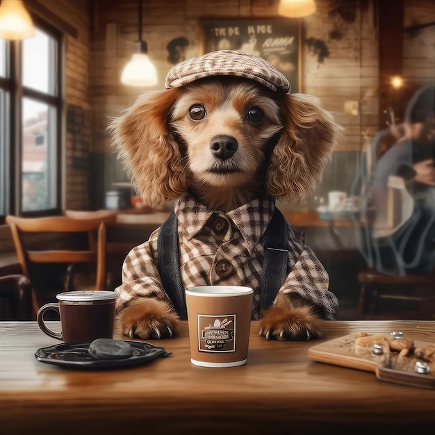 A dog sits at a table in a cafe with a coffee cup and a sign that says'dog coffee '