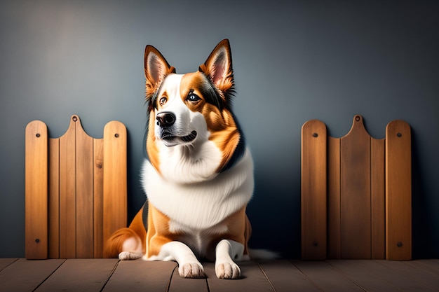 A dog sits on a table in front of a fence.