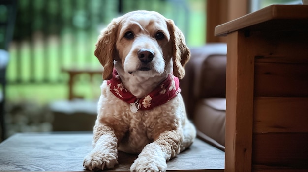 A dog sits on a table in front of a window