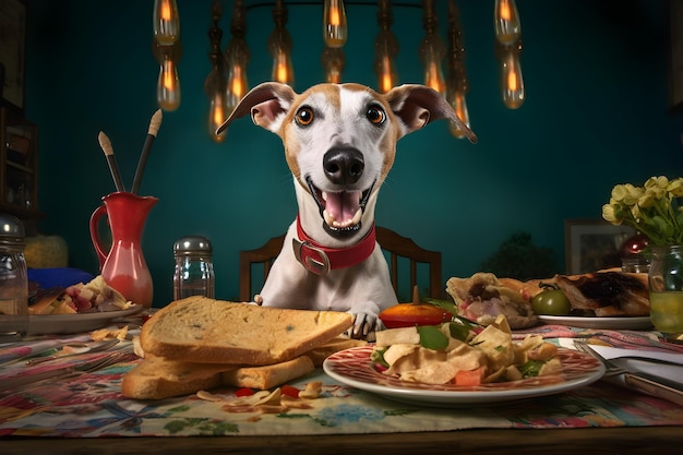 A dog sits at a table with food on it