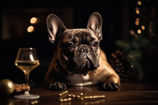グラスワインとクリスマスツリーを背景にテーブルに座る犬 Generative AI