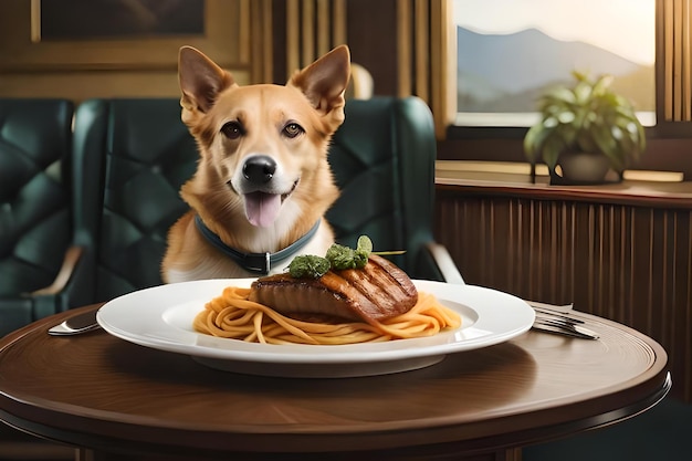 Photo a dog sits at a table with a plate of food that has a piece of meat on it.