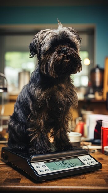 Foto un cane si siede su un tavolo con una tazza rossa dietro