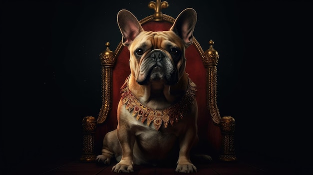 A dog sits on a throne with a crown on it.