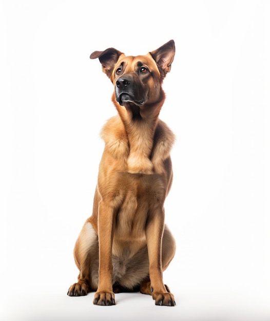 A dog sits on a white background with a white background.