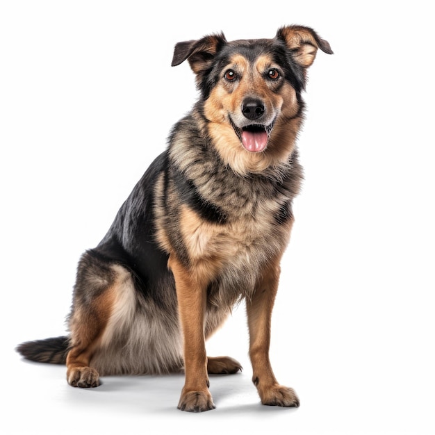 A dog sits on a white background.