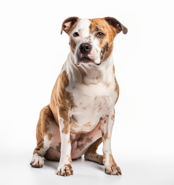 A dog sits on a white background.