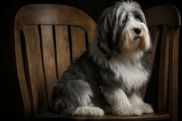 A dog sits on a wooden chair in the dark.