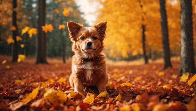 A Dog Sitting On Autumn Forest