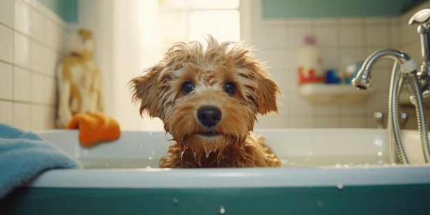 Photo a dog sitting in a bathtub with a towel perfect for pet grooming services