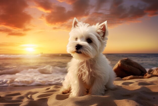 Dog sitting on the beach with a sunset background