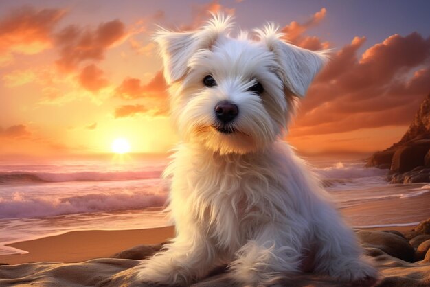 Dog sitting on the beach with a sunset background