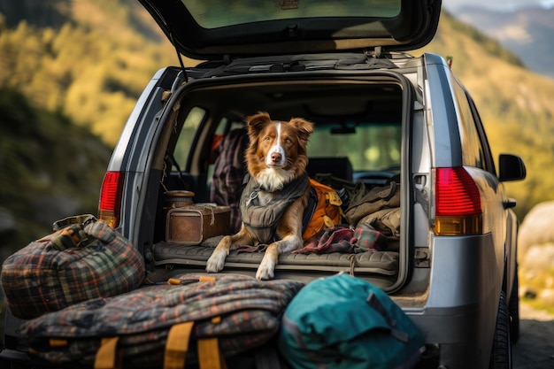 旅行用の荷物を持って車に座る犬 生成 AI