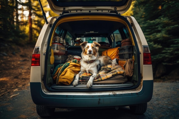 旅行用の荷物を持って車に座る犬 生成 AI