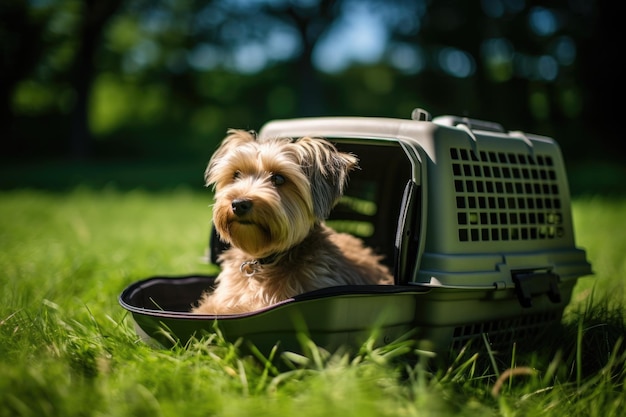 Dog sitting in carrier on grass