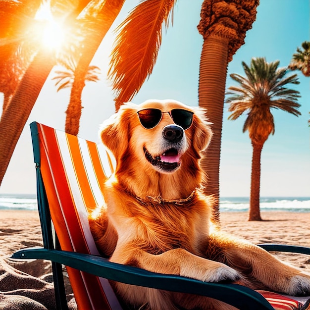 Dog sitting in a chair on the beach generative ai