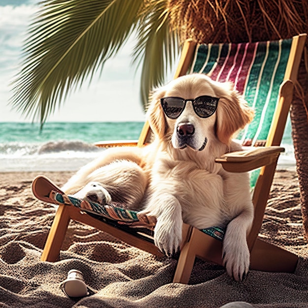 Dog sitting in a chair on the beach generative ai