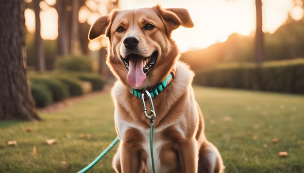 Dog sitting concept with happy active dog holding pet leash in mouth ready to go for walk