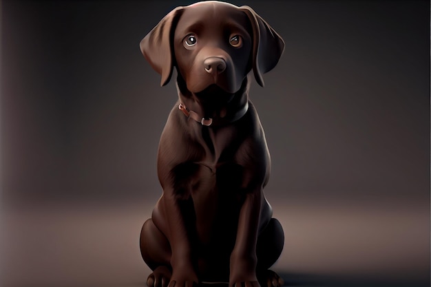 A dog sitting in a dark room with a brown collar and brown eyes.