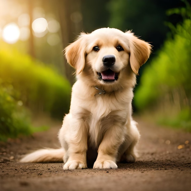 A dog sitting on a dirt road with a background of green grass and trees.