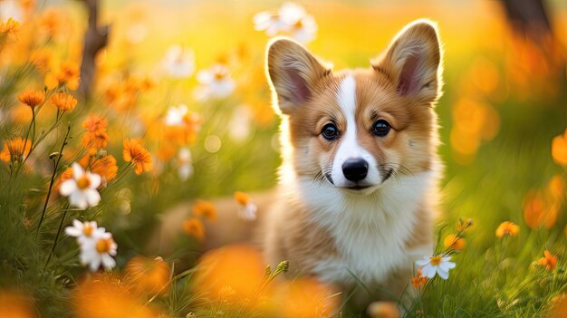 a dog sitting in a field of flowers