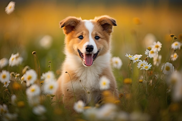 花の畑に座っている犬