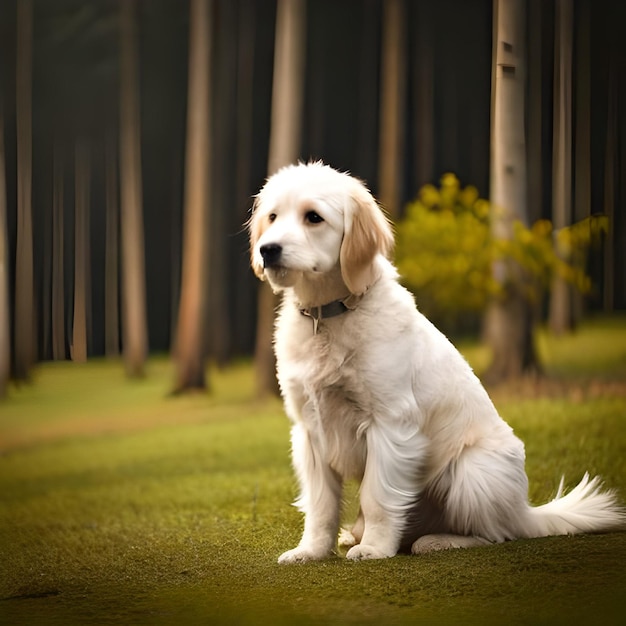 A dog sitting in a field with trees in the background.