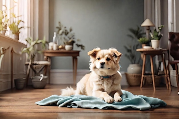 A dog sitting on the floor in the middle of the room