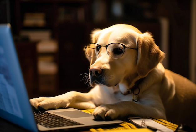 Foto un cane seduto davanti a un laptop con gli occhiali