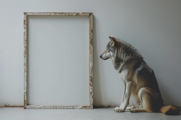 a dog sitting in front of a picture frame