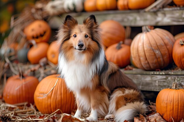 A dog sitting in front of a pile of pumpkins with a dog in the background looking at the camera