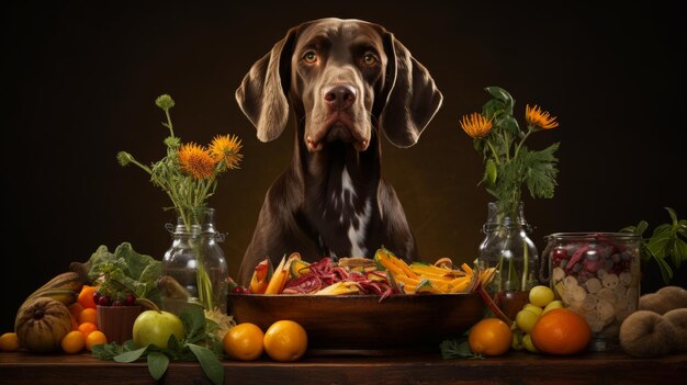 Foto dog sitting in front of a table full of food