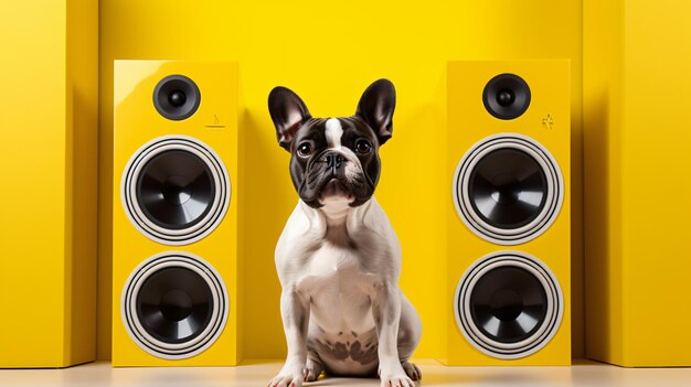 Dog sitting in front of two speakers