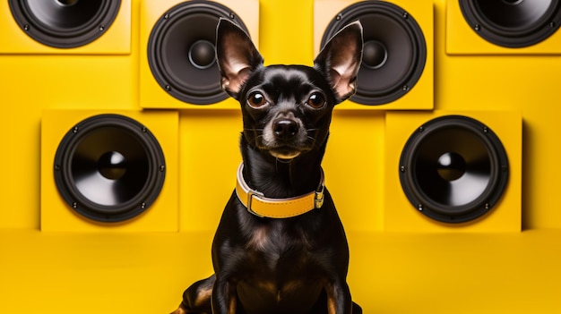 Dog sitting in front of two speakers